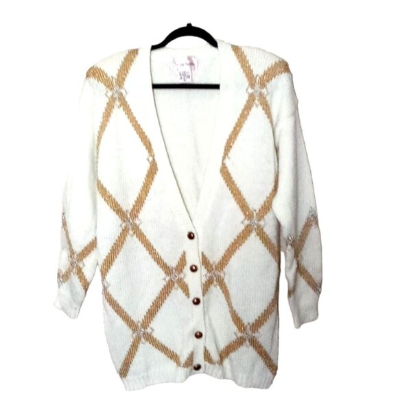 Y2k Jaclyn Smith Argyle Cardigan Sweater Medium Holiday Festive Cream Glitter Wa - Picture 3 of 9